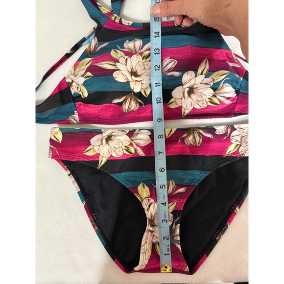 Women's Hula Honey Floral stripe Bikini Set Size S Pink Teal stripe ruffle - Picture 8 of 8